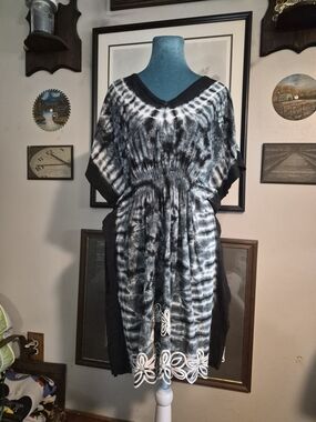 Neon Beachwear Mexico Tie Dye Smocked Cut Out Lace Muumuu Kaftan Cover Up